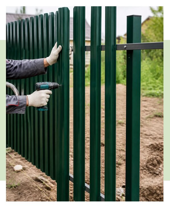 Монтаж забора из зеленого евроштакетника под ключ в Каменке